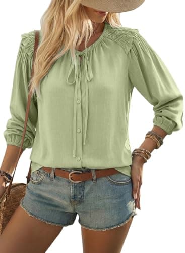 Dokotoo Summer Tops for Women 2026 Cute Summer Crewneck Tie Front Tops Long Lantern Sleeve Babydoll Shirts Work Business Blouses Button Down Shirts Green Medium - Image 1