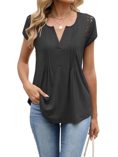 Famulily Womens Dressy Causal V Neck Blouses Short Sleeve Tunic Tops Ladies Summer Pleated Shirt Black M - Image 1