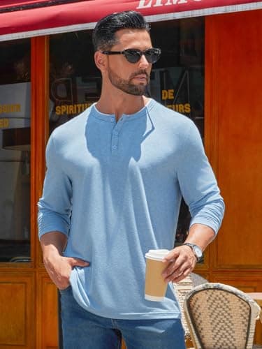 Hardaddy Men's Long Sleeve Henley Shirts Casual Color Block Henley Button T-Shirt Tops Light Blue XXL - Thumbnail 3