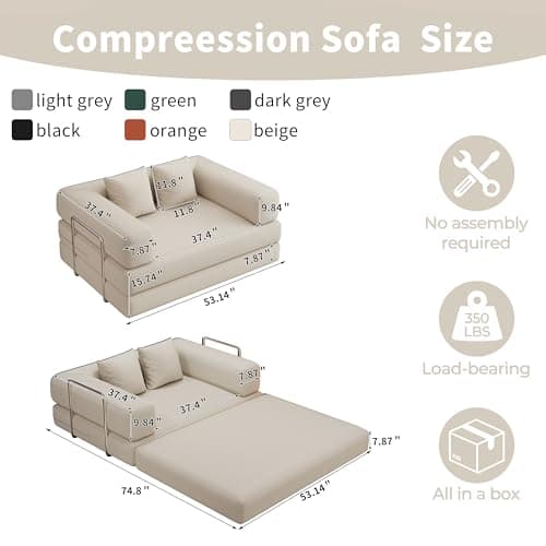 BSHOMGI 4 in 1 Futon Sofa Bed Queen Size - Foldable Convertible Sleeper Sofa Couch, Removable Washable Corduroy Cover, Space Saving Floor for Living Room (Beige, 53.15" Double Sofa) - Thumbnail 2