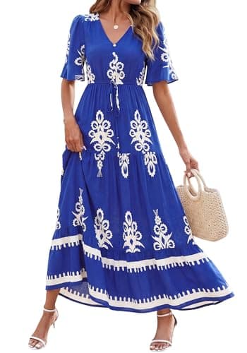 BTFBM Boho Dresses for Women 2026 Summer Spring Casual Floral Short Sleeve V Neck Flowy A-Line Maxi Party Dress Pockets(Floral Blue White, Medium) - Image 1