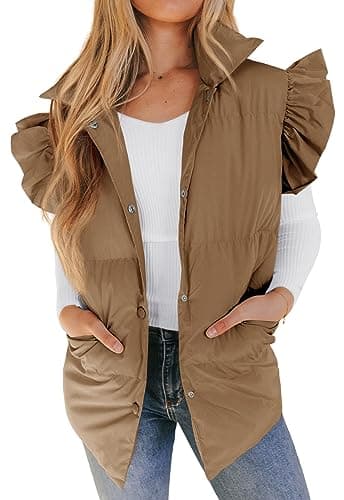 Valphsio Women's Puffer Vests Ruffle Sleeve Winter Button Down Padded Gilet with Pockets - Image 1