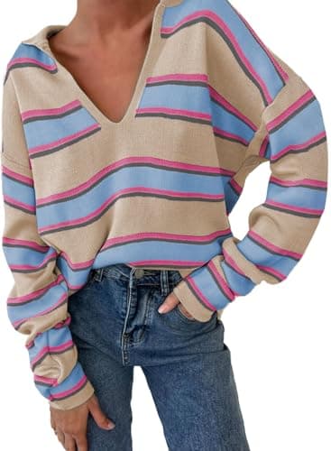 EVALESS Long Sleeve Trendy Polo Neck Striped Casual Contrast Sweater Cozy Loose Fit Lightweight Chunky Plus Size Cardigan Pullover Fall Fashion 2XL Apricot - Image 1