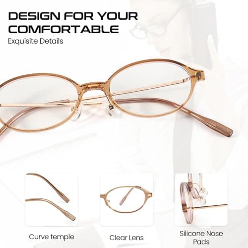 SODQW Small Retro Oval Fake Glasses for Women Fashion Blue Light Non Prescription Eyeglasses to Cosplay - Thumbnail 3