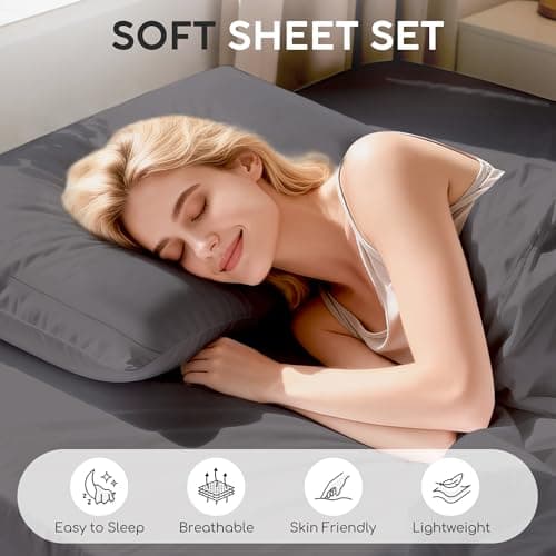 Tokokimo Washed Cotton-Linen Feel 4-Piece Queen Size Sheet Set for Busy Lifestyles – 10-16" Deep Pocket Bed Sheets with Natural Wrinkles, Quick-Dry, Breathable, Soft, Premium Polyester Gery - Thumbnail 2