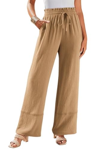 Dokotoo Womens Fall Boho Palazzo Casual Lace Leg Parachute Pants Woman 2025 Dress Drawstrings Long Wide Leg Pants with Pockets,Camel Medium - Image 1