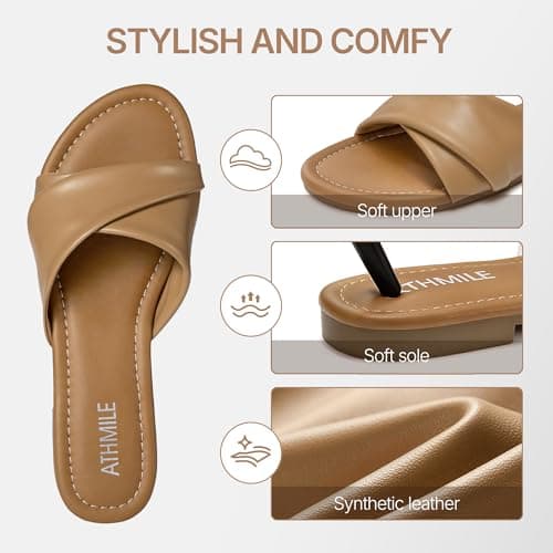ATHMILE Sandals Women Dressy Summer Flat Comfortable Fashion Beach Cute Ladies Slides Leather Casual Dress Women's Sandals 2024 Nude Size 6 - Thumbnail 5