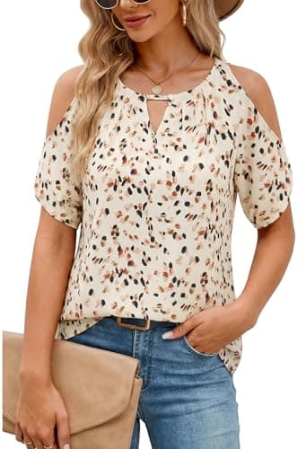 Women Cold Shoulder Tops Casual Summer Short Sleeve Crew Neck Dressy Work Blouses Dot Pints Chiffon Tunic Shirts BE S - Image 1