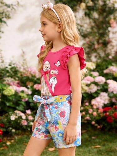 AMAWMW Girls 2 Piece Outfit Summer Clothes Ruffle Sleeve Shirts Top Paperbag Waist Shorts With Pockets Kids Clothing Set, Hot Pink, 4-5T - Thumbnail 3