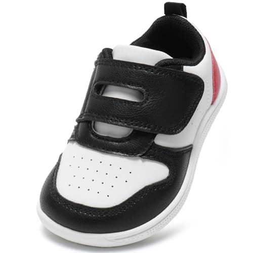 STQ KIDS Toddler Wide Toe Box Shoes Boys Barefoot Shoe Kids Tennis Sneakers Breathable Non-Slip Zero Drop Preschool First Walking Running Outdoor Activities Black Red Toddler Size 6 - Image 1