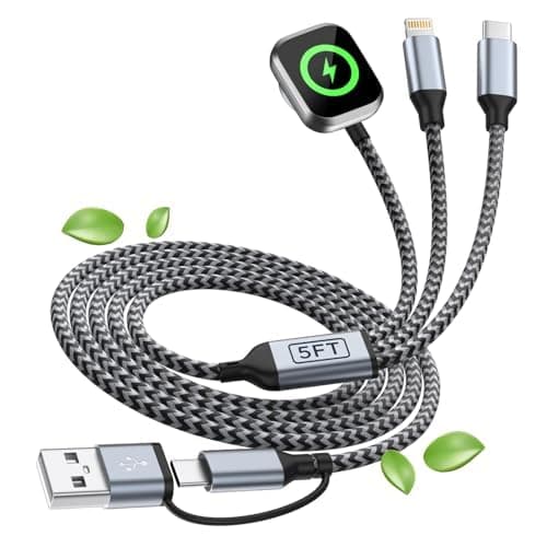 3 in 2 USB A/USB C Cable for Watch Charger, Multi Charging Cable iPhoe Charger Cord, Travel Charger for Multiple Devices Compatible with iWatch Ultra/SE/11-2, iPhone17-6, Pad, Android-5FT - Image 1