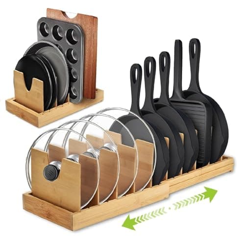 VKDDM Pots and Pans Organizer for under Cabinet - Expandable Bamboo Pot Lid Organizer, Bakeware and Cutting Board Organizers, Drawer Pot Lid Holder Rack for Kitchen Organizers and Storage - Image 1