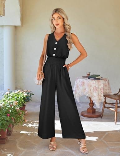 LOOKBOHO Women's Summer Jumpsuit Wide Leg Dressy Pants Casual One Piece Rompers V Neck Sleeveless Fashion Outfit(B,XL) - Thumbnail 5