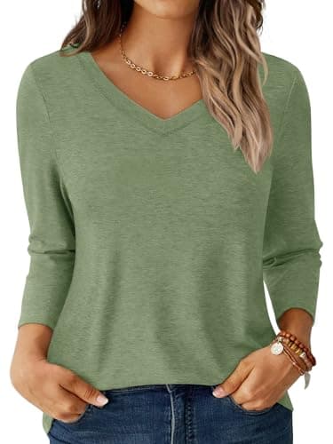 GKBK Womens Tops 3/4 Sleeve Shirts V Neck Casual Blouses Basic Loose Fit Pullover Tshirts LightGreen XL - Image 1