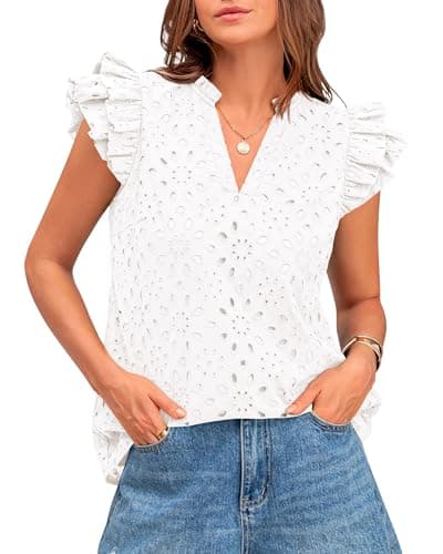 BTFBM Spring Summer Tops for Women 2026 Dressy Casual V Neck Ruffle Cap Sleeve Embroidered Eyelet Blouses Resort Wear(White, XX-Large) - Image 1