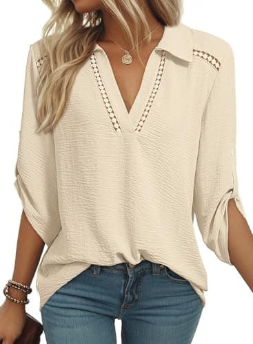 Dokotoo Womens Tops Short Sleeve Shirts V Neck Dressy Casual Blouses Solid Color Lace Tops Business Casual Outfits Spring Summer Tops,Apricot Medium - Image 1