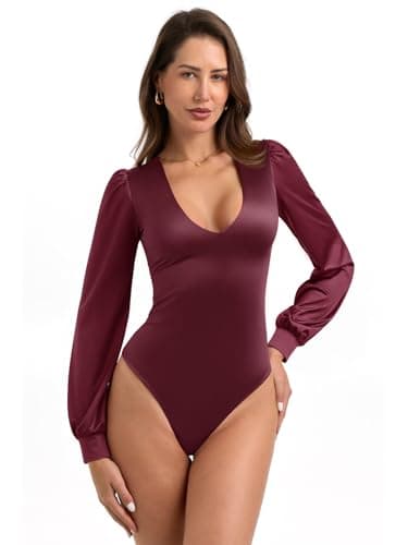 PINKMSTYLE Womens Sexy Deep V Neck Satin Silk Long Sleeve Thong Bodysuits Business Casual Outfits Burgendy Medium - Image 1