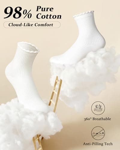 HOZMOZ 6 Pairs Ruffle Socks Women, 98% Cotton Cute Frilly Ankle Socks, Size 5-9, Casual, Work, Outfit Essentials - Thumbnail 3