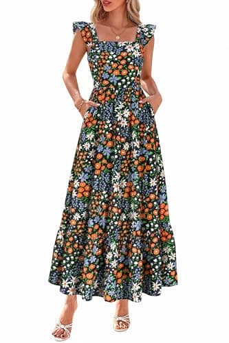 dowerme Womens Summer Dresses 2026 Ruffle Sleeve Square Neck Floral Boho Midi Dress Spring Smocked Beach Party Sundress(Black Orange Flower,Small) - Image 1