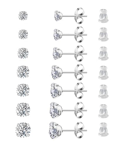 Arminor 7 Pairs 20G Stud Earrings for Women-Hypoallergenic 316L Surgical Stainless Steel Earrings for Multiple Piercing,Cubic Zirconia 2-8mm Earring Stacks Bonus Silicone Earring Backs - Image 1