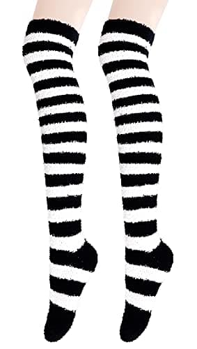 Bellady Coral Knee High Socks for Women Striped Fuzzy Socks Warm Leg Warmers,Black - Image 1