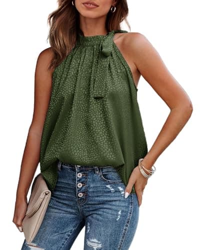 BTFBM Women Sleeveless Tie Mock Neck Spring Summer Tops Loose Casual Side Bow Satin Halter Tank Top Blouses Shirts Clothes(Army Green, Small) - Image 1