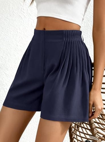 BTFBM Womens Shorts Casual 2026 Spring Summer Elastic High Waisted Pleated Cotton Shorts Beach Vacation Outfits Pockets(Navy Blue, Medium) - Thumbnail 4