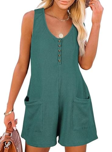 AlvaQ Jumpsuits for Women Dressy 2025 Sleeveless Plus Size Loose Fit Waffle Knit Button Front Summer Rompers One Piece Outfits,Green,X-Large - Image 1