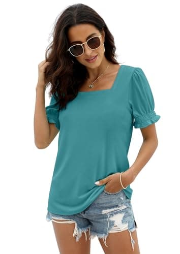 WIHOLL Womens Shirts 2026 Summer Trendy Business Casual Short Sleeve Cute Tops Date Night Concert Festival Outfits Clothes Graphic Basic Tee Blue L - Thumbnail 3