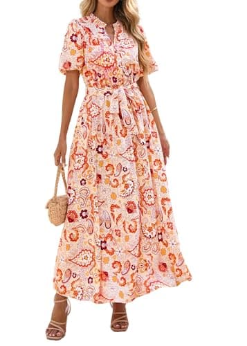 KIRUNDO Women Spring Summer Wedding Guest Boho Floral Maxi Dress Puff Sleeve Button Shirt V Neck Flowy Beach Vacation Dress(Orange, XX-Large) - Image 1