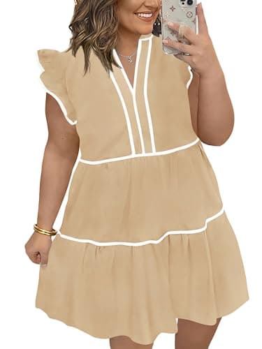 Beautife Womens Plus Size Dresses Summer Ruffle Short Sleeve V Neck Dress Casual A Line Babydoll Mini Dress Khaki - Image 1