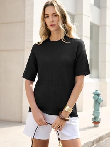 ANRABESS Womens Short Sleeve Sweater Oversized Lightweight Business Casual Tops Crewneck Soft Knit 2026 Spring Summer Outfits Black X-Large - Thumbnail 3