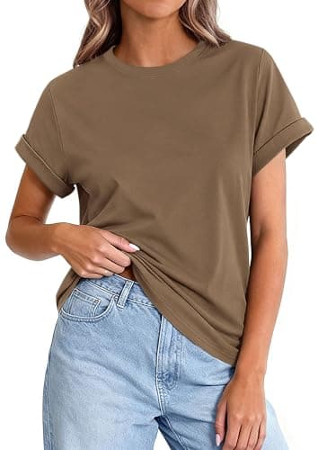 PRETTYGARDEN Womens Summer Tops 2026 Spring Casual Rolled Short Sleeve Basic Tees Crew Neck Work Shirts Fashion Clothing (Khaki,Small) - Image 1
