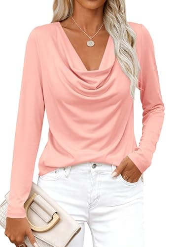 PRETTYGARDEN Womens Spring Tops 2026 Dressy Cowl Neck Long Sleeve Shirts Loose Business Casual Blouses Teacher Tunic Top(Pink,Small) - Image 1