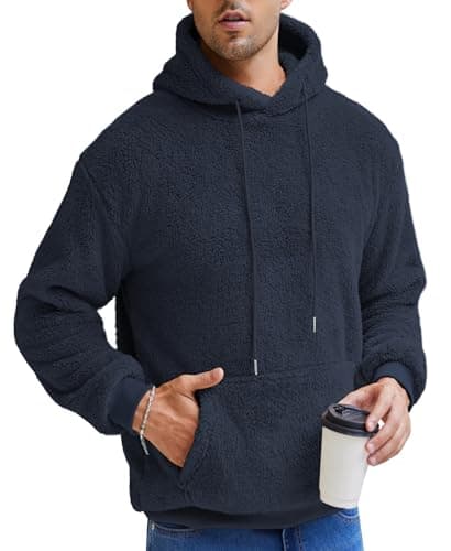 Aimeilgot Mens Sweatshirts Hoodie Pullover Fuzzy Sherpa Soft Lightweight Fleece Hooded Outwear Long Sleeve Regular with Pocket Navy Blue, Large - Thumbnail 4