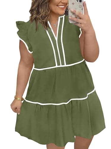 Beautife Womens Plus Size Dresses Summer Ruffle Short Sleeve V Neck Dress Casual A Line Babydoll Mini Dress Army Green - Image 1
