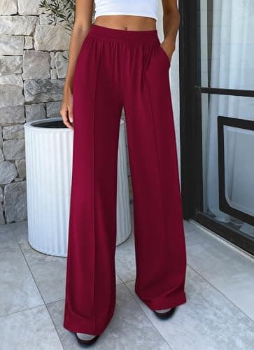 BTFBM Palazzo Pants for Women 2026 Spring Summer Casual Lounge Pants High Waist Flowy Trousers Baggy Wide Leg Pants(Burgundy, XX-Large) - Thumbnail 5