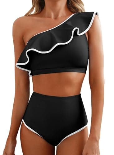 Herseas Womens Black Bikini Sets One Shoulder Color Block Trimmed Ruffle Hem Tummy Control Swim Suit Flattering Bathing Suit Casual Hawaiian Travel Outfits Beach Swimwear Large - Image 1