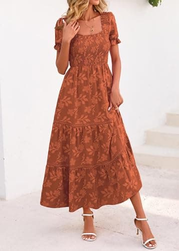 Lazysmile Women's Summer Boho Floral Maxi Dress Short Sleeve Square Neck Smocked Ruffle Elegant Wedding Guest Dress Orange - Thumbnail 6