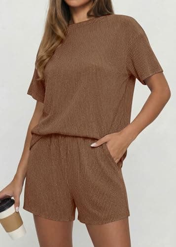 KIRUNDO 2 Piece Sets for Women Summer Shorts Lounge Set Matching Ribbed Knit Short Sleeve Top Airport Travel Vacation Outfits(Brown, X-Large) - Thumbnail 2