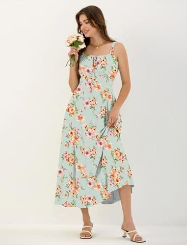 ZAFUL Women Summer Floral Midi Dress Corset Smocked Flowy A Line Sundress Wedding Guest Dresses with Pockets Light Green L - Thumbnail 4