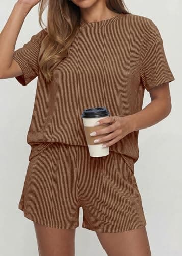 KIRUNDO 2 Piece Sets for Women Summer Shorts Lounge Set Matching Ribbed Knit Short Sleeve Top Airport Travel Vacation Outfits(Brown, X-Large) - Thumbnail 3