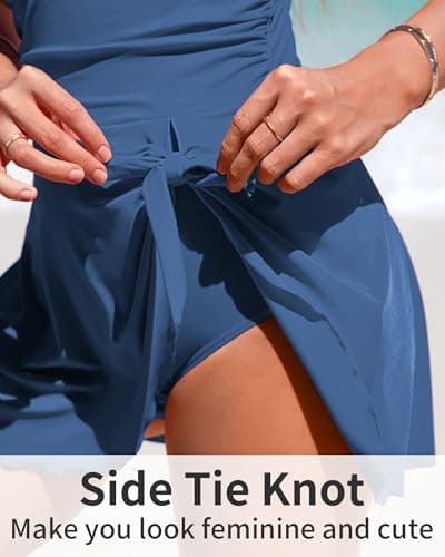 Charmo One Piece Swimdress Swimsuit for Women Tummy Control Swimdress Skirt Bathing Suit Scalloped Swimwear Blue Gray M - Thumbnail 5