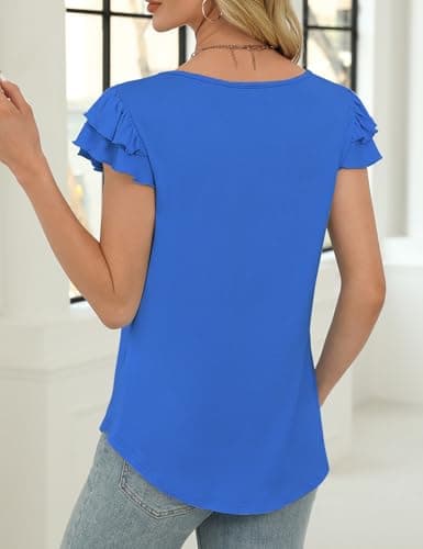 NORACORA Women's Ruffle Sleeve Summer Tops Crewneck T Shirts Dressy Casual Loose Fit Blouses Spring Outfits 2025 Royal Blue - Thumbnail 3