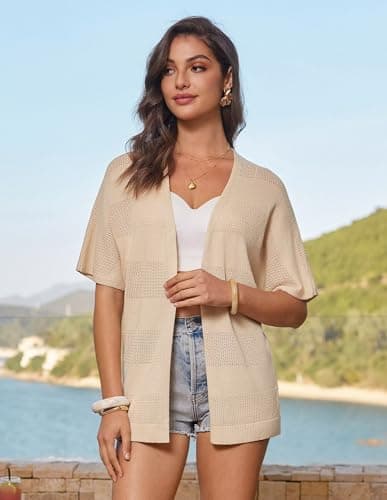 GRACE KARIN Crochet Cardigans Sweater for Women Lightweight Short Sleeve Knit Kimono Open Front Boho Swimsuit Cover Up Apricot - Thumbnail 6