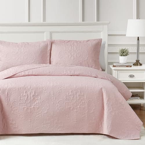 Hansleep Pink Quilt Twin Size - Damask Ultrasonic Summer Bedspread Twin, Soft Lightweight Coverlet Bedding Set, 2 Pieces (1 Quilt, 1 Pillow Shams) - Image 1
