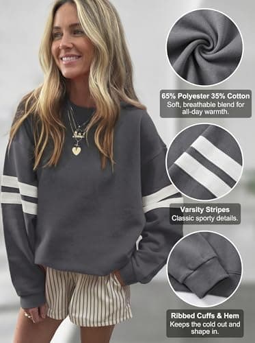 KevaMolly Women Varsity Striped Drop Shoulder Sweatshirt Dark Grey XXL - Thumbnail 4