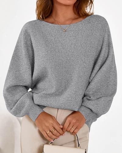 KIRUNDO Oversized Sweaters for Women Cozy Fall Fashion Boat Neck Batwing Sleeve Knit Pullover Sweater Tops Winter Clothes(Grey, X-Large) - Thumbnail 5
