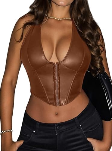 Benfoly Women's Y2K Leather Halter Top Backless Corset Bustier Top Lace Up Sexy Going Out Crop Tank Halter Neck Party Club Dark Brown - Image 1