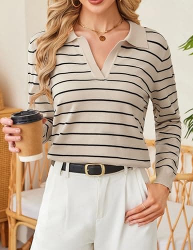 Kate Kasin Black Apricot Striped Long Sleeve Sweaters for Women, V Neck Knitted Tops, Lightweight Collared Sweater Shirts M - Thumbnail 5